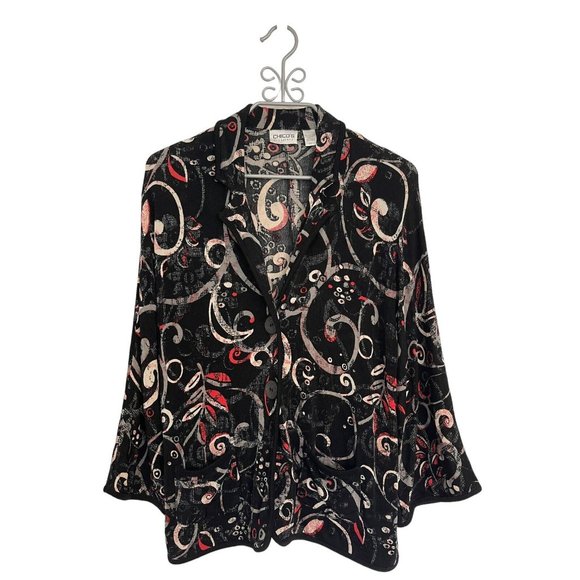 Chico's Travelers Two Button Travelers Black Floral Cardigan Jacket Size 2 12/14 - Picture 1 of 4
